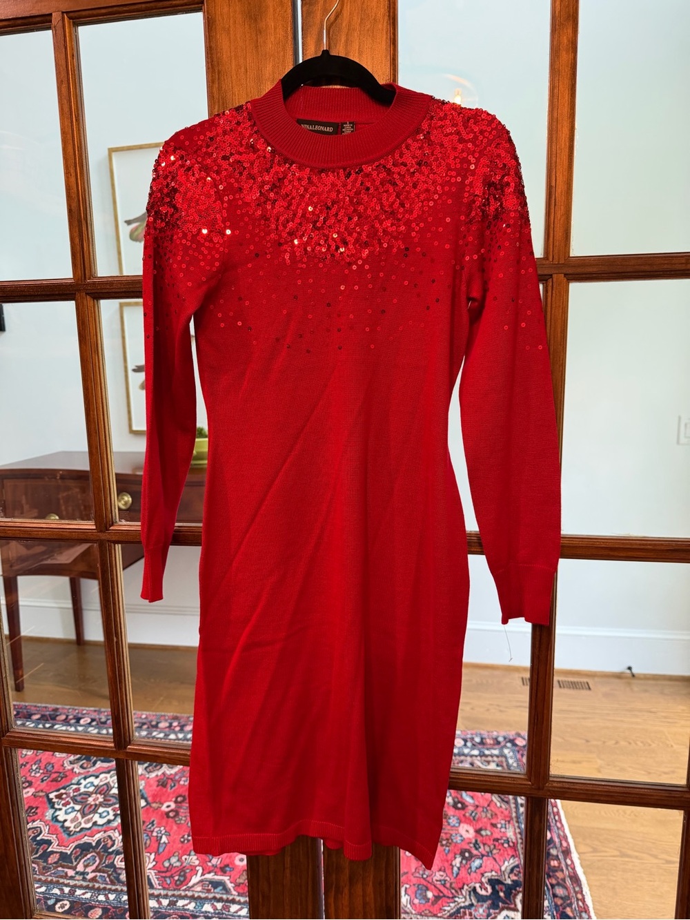 Nina Leonard Red Sequin Knit Long-Sleeve Dress